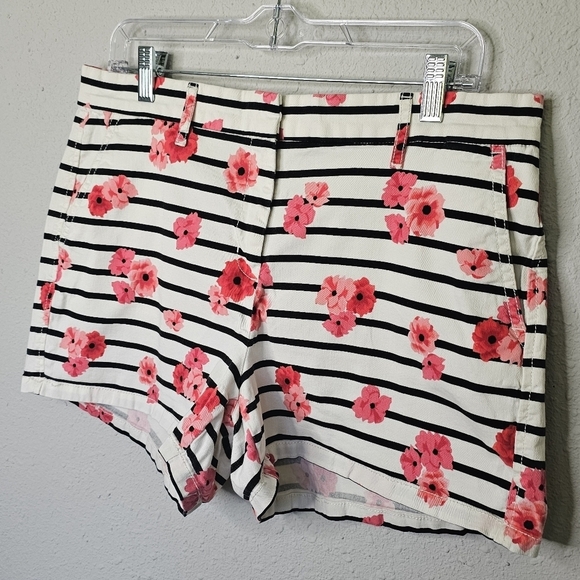 Elle Striped Floral Chino Walking Shorts‎ Women Pink Black White Size 12 - Picture 2 of 14